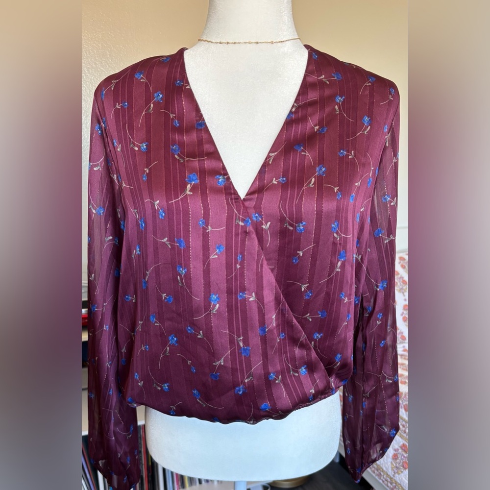 Lush Rose and Columns Burgundy Floral Print Long Sleeve Surplice Top